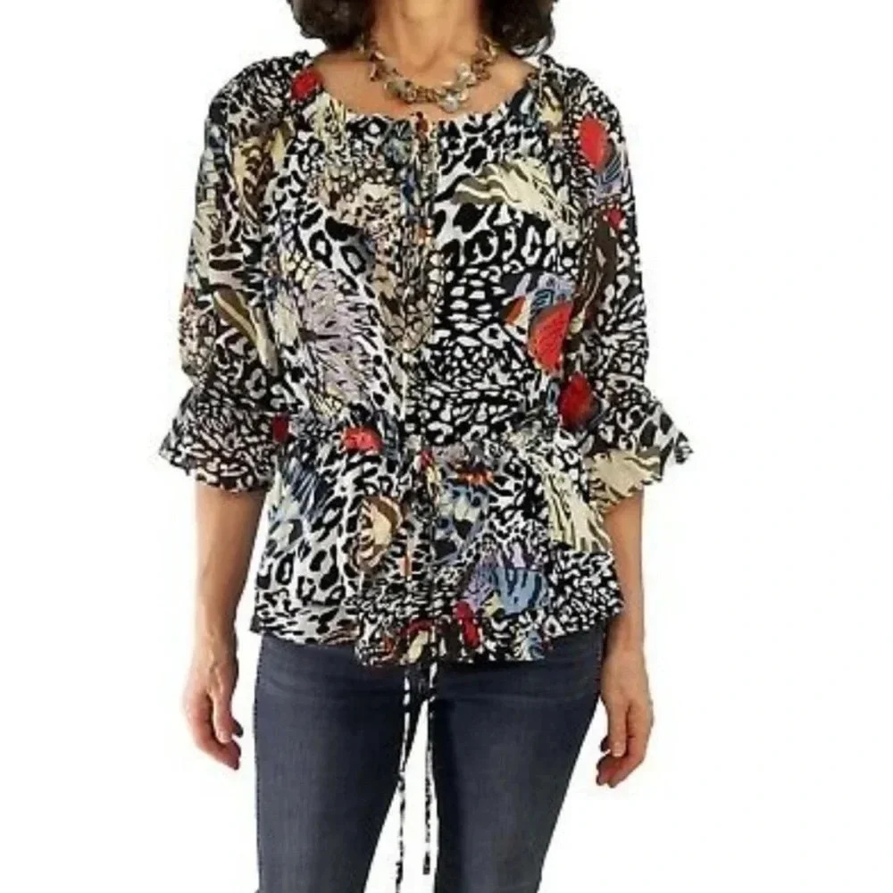 Alice + Olivia Silk Blouse Butterfly Print Ruffle Peplum Front Tie Sheer Size S